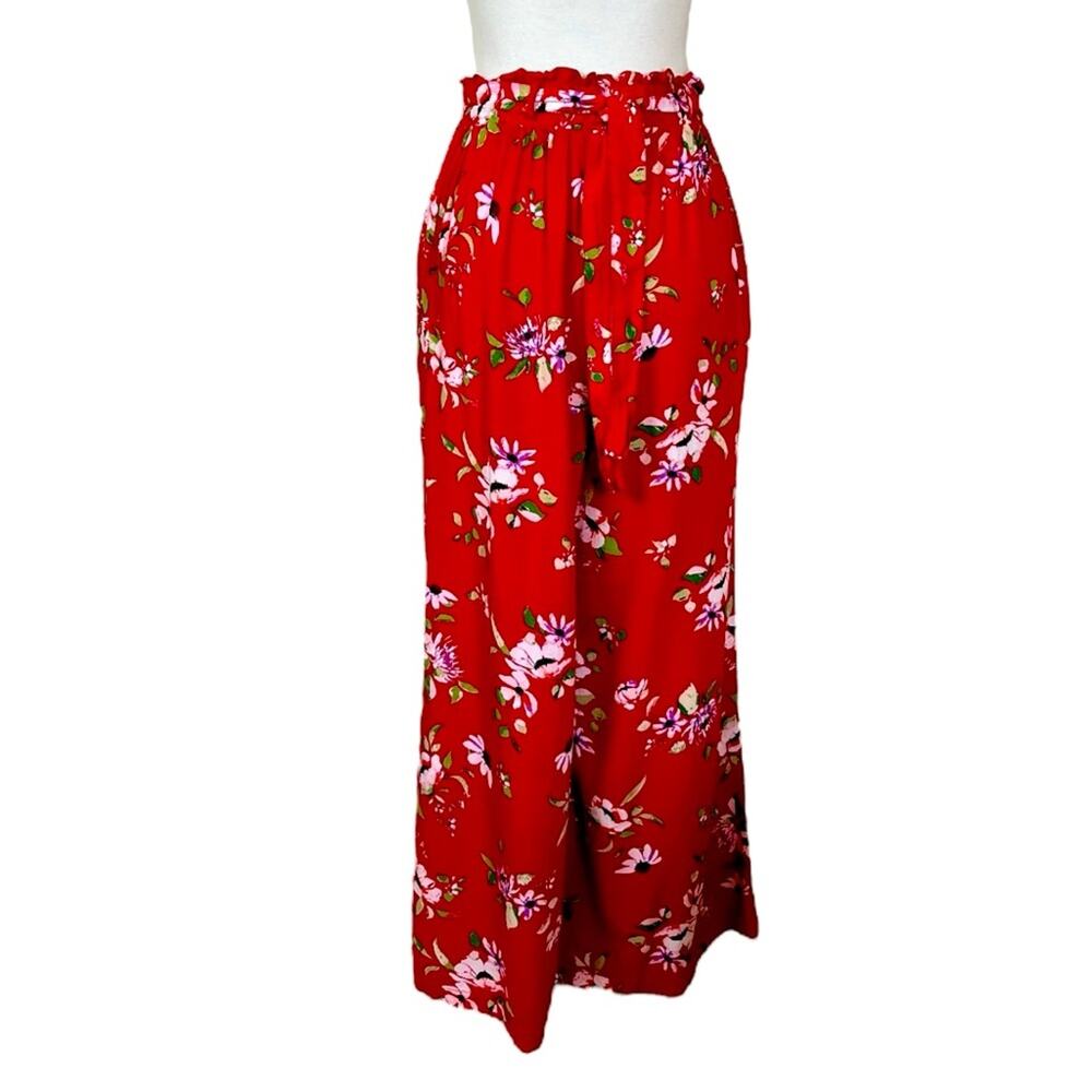 New Look Wide Leg High Rise Pant Elastic Waist Red Multi Floral Women’s Medium
